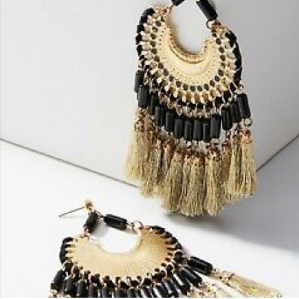 Anthropologie Daria Gold Fringe & Black Bohemian Boho Resin Drop Earrings NWT - Picture 4 of 6